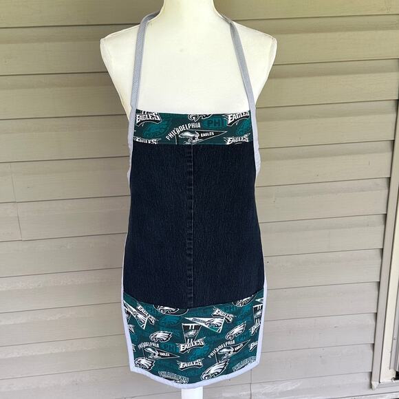 Handmade NFL Eagles Apron Recycled Denim Pockets - Picture 1 of 6